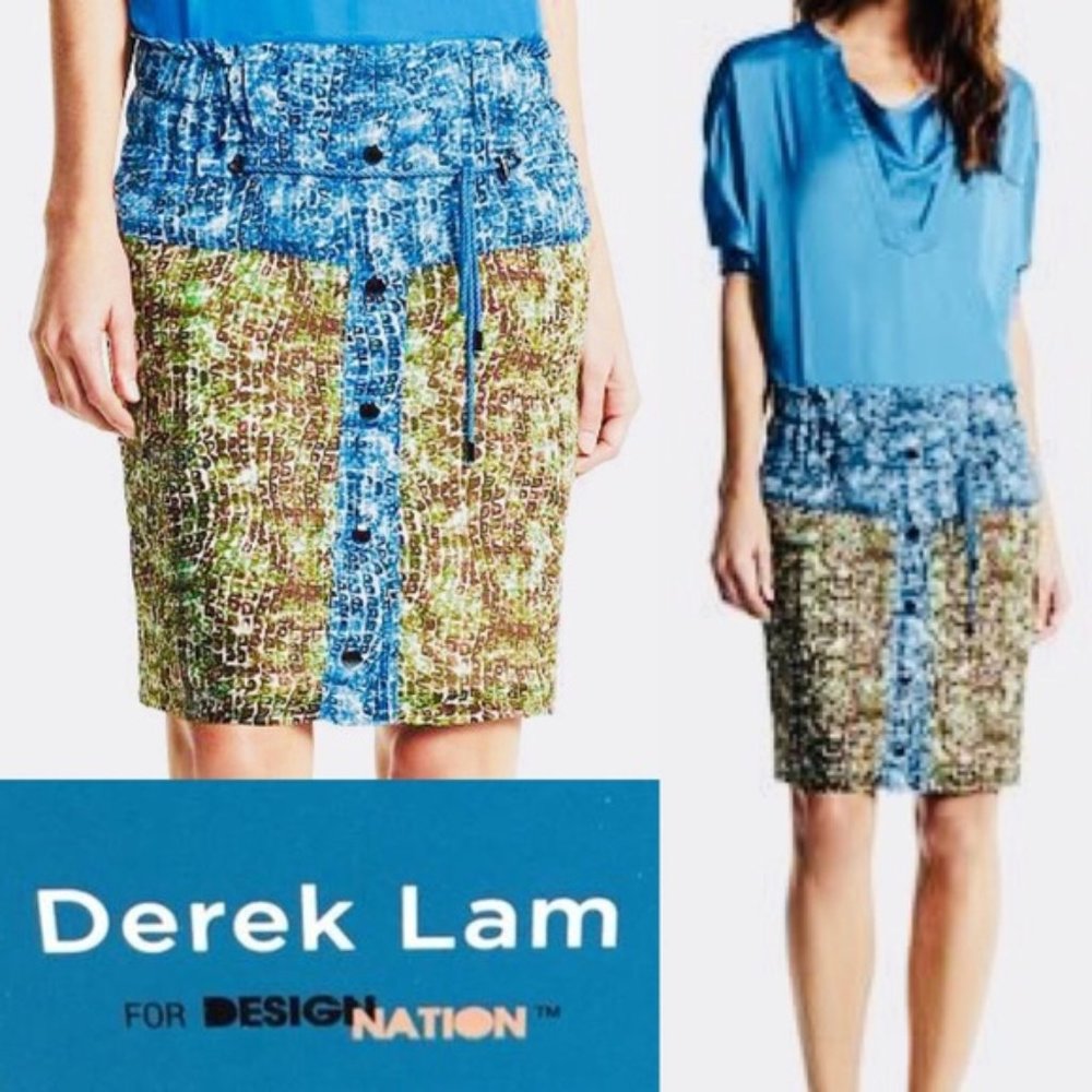 Derek Lam Abstract Animal Print Gathered Waist Colorful A-Line Skirt Sz L NWOT